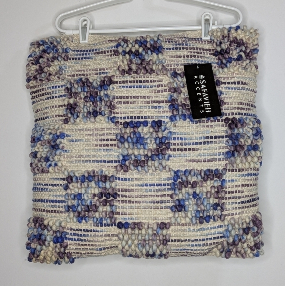 NWT Safavieh cream purple blue woven textured cotton & wool pillow 20x20